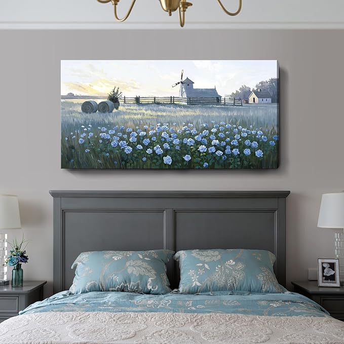 amatop Oversized Farmhouse Wall Art – Botanical Picture Flower Blue Rose & Windmill Countryside Scene Canvas Print, Large Floral Landscape Artwork Decor for Living Room Dining Room Hallway 58x29 Inch