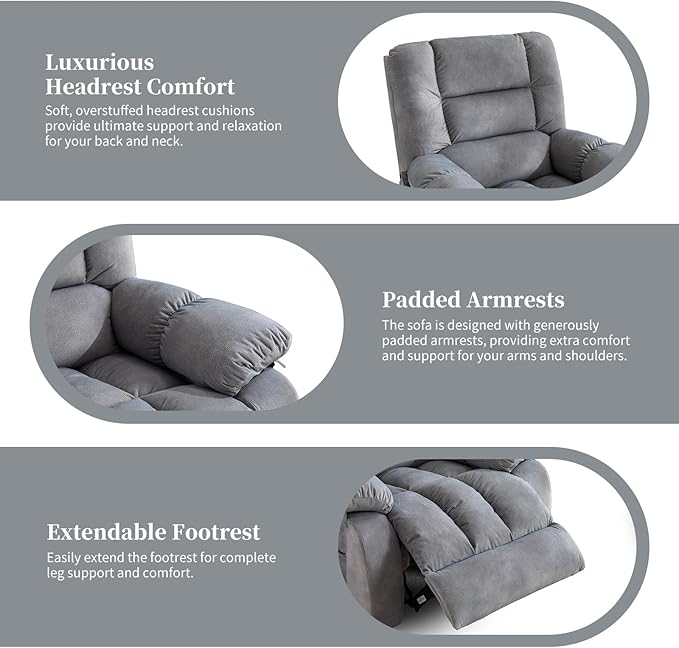 Massage Recliner Chair with Heat and Massage, Soft Fabric Ergonomic Manual Reclining Chairs, Heavy Duty Reclining Sofa Chair with Side Pockets for Living Room (Light Grey)
