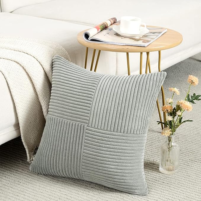 Fancy Homi 2 Packs Grey Decorative Throw Pillow Covers 18x18 Inch for Living Room Couch Bed Sofa, Rustic Farmhouse Boho Home Decor, Soft Corss Corduroy Patchwork Textured Square Cushion Case 45x45 cm