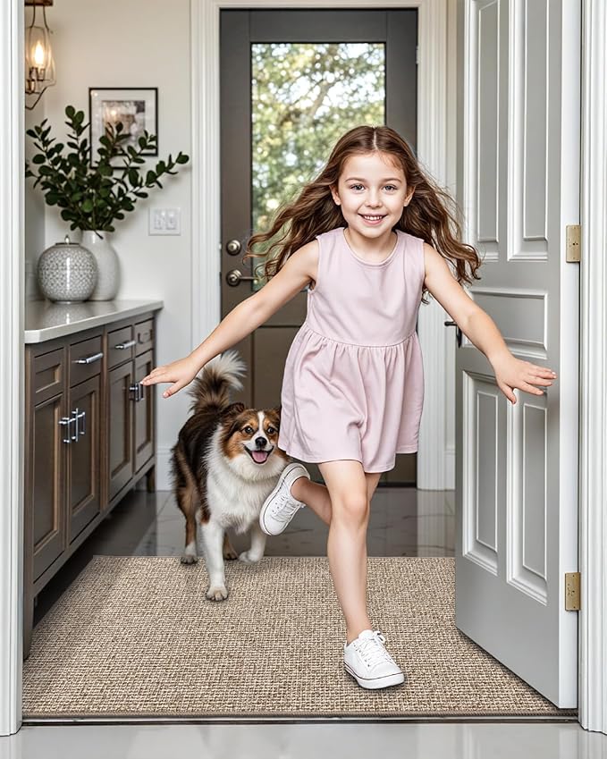 LUMI Indoor Door Mat 17"x30", Ultra Thin Low Profile Non-Slip Doormat for Home Entrance, Absorbent & Stain-Resistant Welcome Mats, Washable Entryway Mat for Front Door, Patio, Porch, Khaki