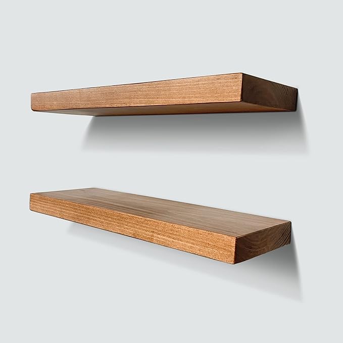 URBANDI, Rustic Floating Shelves, Set of 2, Hidden Bracket, Solid Wood, Heavy Duty, Wall Mounted Shelves, (Brown, 12Wx12D)