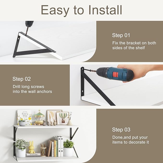 Fun Memories White Floating Shelves 18 Inch Long, Rustic Floating Shelf with Brackets, 10 Inch Deep Wall Shelves, White Bathroom Shelves, 18 x 10 Storage Shelf for Kitchen, Living Room, Set of 2