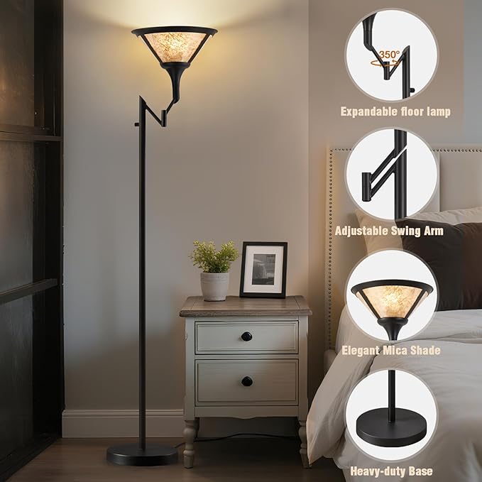 Floor Lamps for Living Room - 70" Black Torchiere Standing Floor Lamp with White Mica Shade - Tall Corner Lamp Decor for Bedroom with Adjustable Swing Arm LED Reading Light for Home Office