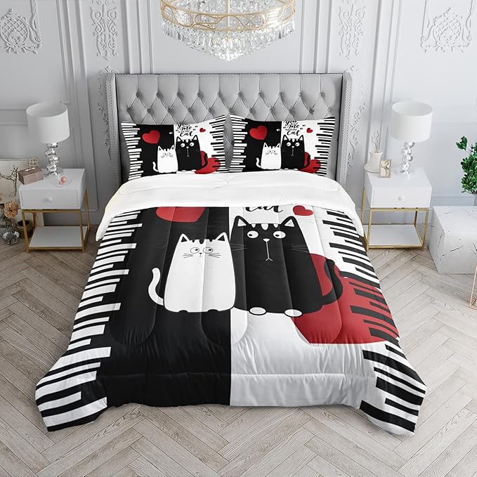 Kawaii Pet Cat Themed Comforter 3Pcs Queen Lover's Kitten Animal Bedding Set for Cat Lover Kid Teen Girl Boy Black White Cat Heart Pattern Quilt Bed Decor with 1 Comforter and 2 Pillowcases