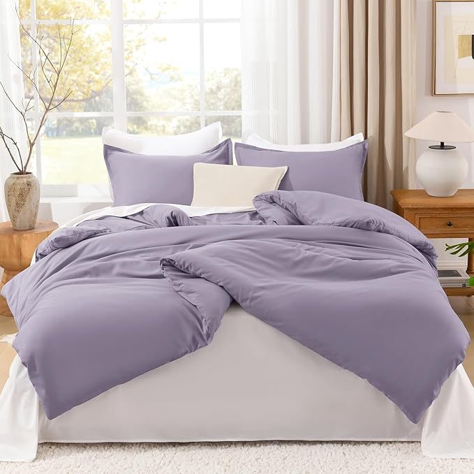 Litanika Grayish Lavender Purple Comforter Set King Size, 3 Pieces Lightweight Solid Bedding Comforter Set, All Season Fluffy Bed Set (104x90In Comforter & 2 Pillowcases)