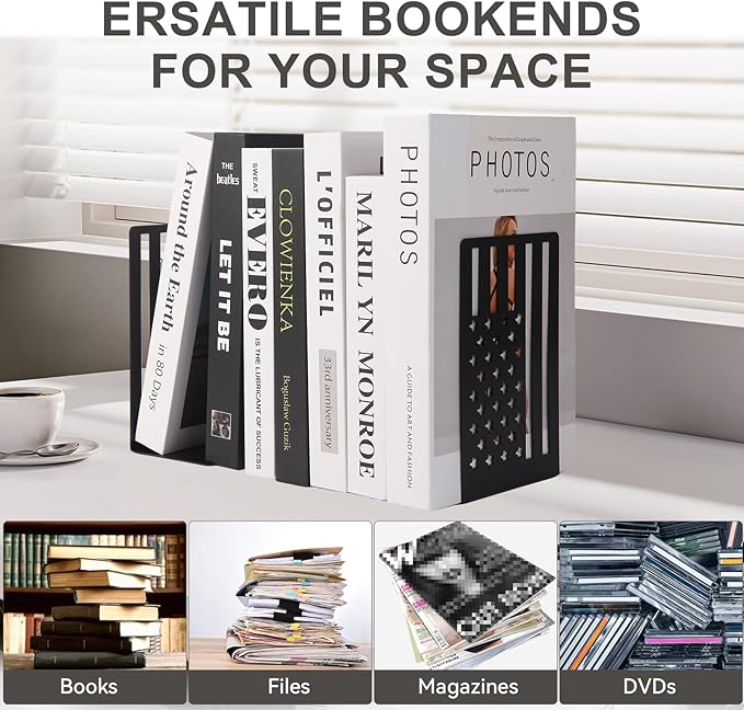 Metal Bookends for Bookshelves and Magazines - Strong Heavy Duty Book Dividers for Home, Office and School
