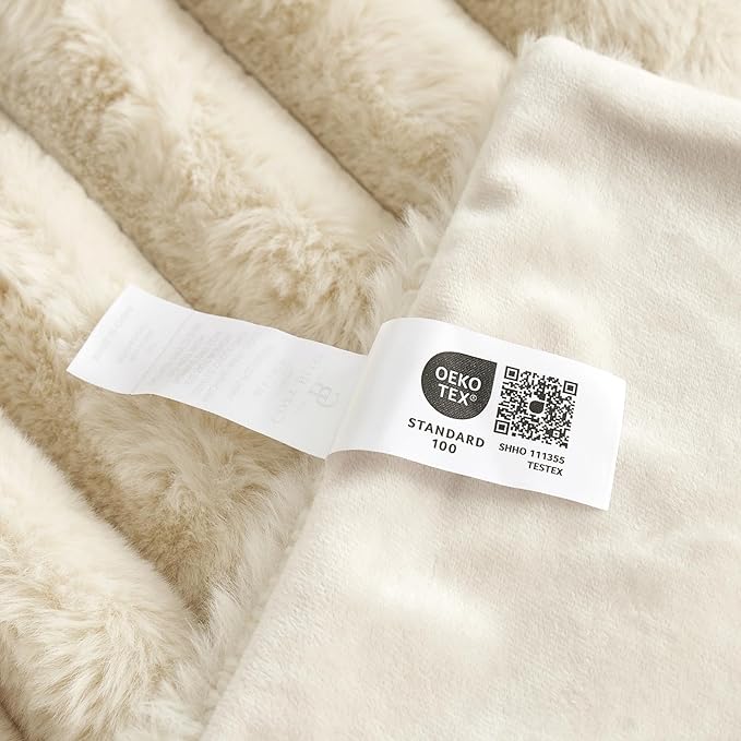 Cozy Bliss Faux Fur Throw Blanket for Couch, Cozy Warm Plush Striped Blanket for Sofa Bedroom Living Room,60 * 80 Inches Beige