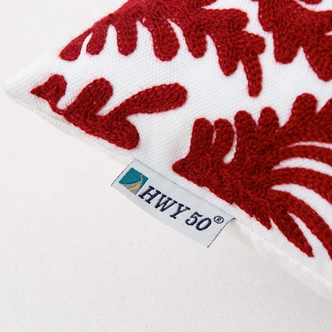 HWY 50 Burgundy Red Decorative Throw Pillow Covers 18x18 Inch (1 Piece), Embroidered Cotton Farmhouse Cushion Cover Pillow Case for Sofa Couch Living Room Bed Bedroon, Floral Branches