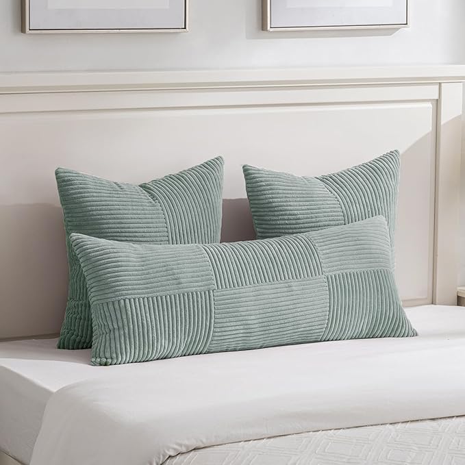 Fancy Homi 2 Packs Grey Blue Euro Decorative Throw Pillow Covers 24x24 Inch for Couch Bed Sofa, Rustic Farmhouse Boho Home Decor, Soft Corss Corduroy Patchwork Accent Big Square Cushion Case 60x60 cm