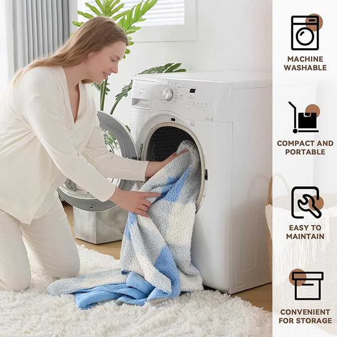 LURKA Checkered Sherpa Fleece Throw Blanket - Extra Thick and Warm Winter Soft Fuzzy Plush Blanket for Couches, Beds & Pets, Glacier, 50x60 Inches