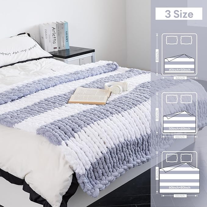 Chunky Knit Blanket - Luxury Soft Cozy 50 * 60 Throw Blanket,100% Woven Blanket Rope Knot Throw Blanket for Couch, Sofa, Home Decor, Gift - Machine Washable（White/Light Gray）