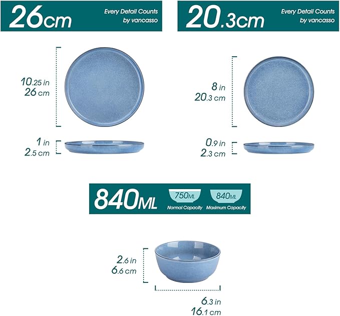 vancasso ANYA 18 Pieces Plates and Bowls Set, Blue Dinnerware Sets, Reactive Glaze Dishes Set for 6, Ceramic Dishware Sets Kitchen Dinner Set, Microwave & Dishwasher Safe