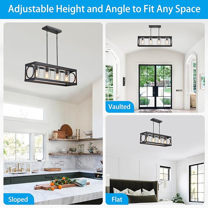 XINGQI Black Kitchen Island Light Fixtures Over Table, 31.5" Rectangular Linear Chandeliers Farmhouse Dining Room Pendant Ceiling 4-Light with Glass Lampshade for Living Room Bar Office