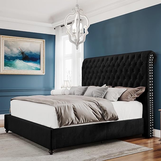 PaPaJet King Bed Frame Upholstered Platform Bed Frame with 52.8'' Tall Sleigh Headboard, Button Tufted, No Box Spring Needed, Easy Assembly, Black