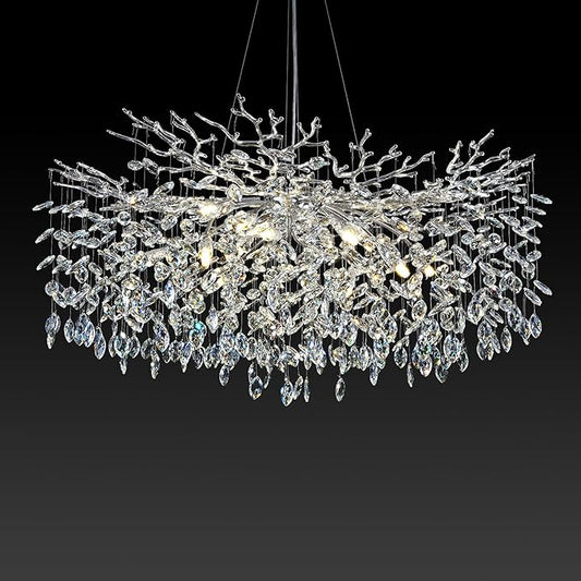 Modern Crystal Chandeliers for Dining Room, 40" Round Silver Tree Branches Chandeliers, Large Dining Room Over Table Chandeliers Lights Fixture, Branches and Crystals Ceiling Light Fixtures