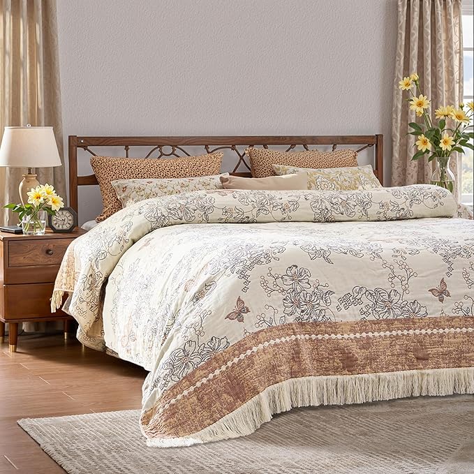 JINCHAN Boho Floral 100% Cotton Blanket 4-Layer Throw Blanket with Tassel Taupe and White Flower Butterfly Soft Luxury Rustic Farmhouse Decor Blanket for Couch Bed 60x80 inch All Season gift for women