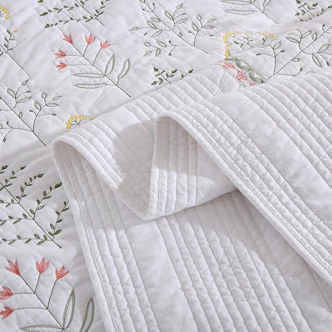 MarCielo 3-Piece 100% Cotton Oversized Bedspread Lightweight Quilt Coverlet Embroidery Farmhouse Bedding Set(TL Floral White,Oversized Queen (100"x106"))