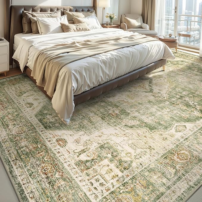 AMOAMI-Area Rug 5X7 Rugs for Living Room-Vintage Soft Green Rugs for Bedroom-Non Slip Carpet-Machine Washable Rug for Dining Room Living Room Bedroom Office Under Table