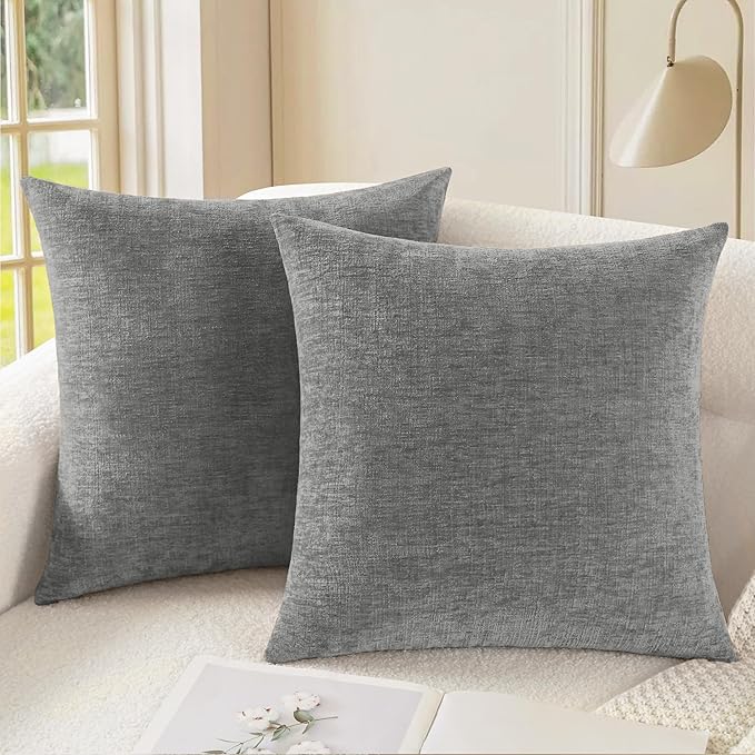 CaliTime Throw Pillow Covers Decorative 18 X 18 Inches Pack of 2 Cozy Chenille Cushion Cases for Couch Sofa Bed Living Room Home Medium Grey