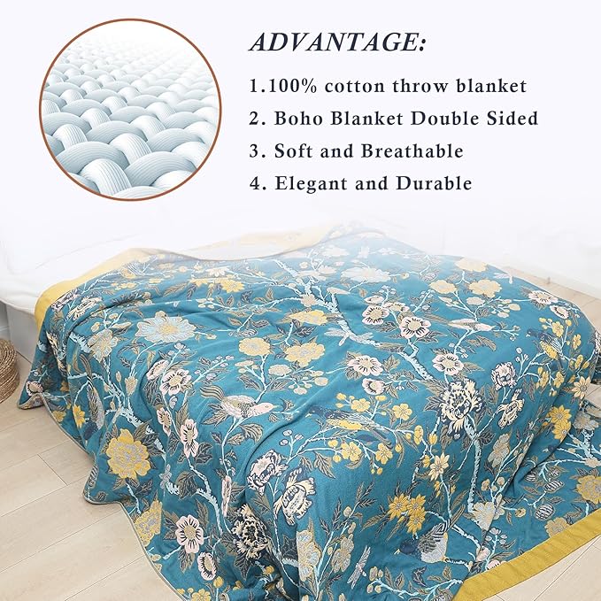 Snycler Boho Throw Blanket for Bed - 100% Cotton Ultra Soft Rustic Quilt Blanket Green Bird Floral Printed Farmhouse Decor Bed Blankets, 60"×80" All Season Rustic Throw for Sofa Couch Chair