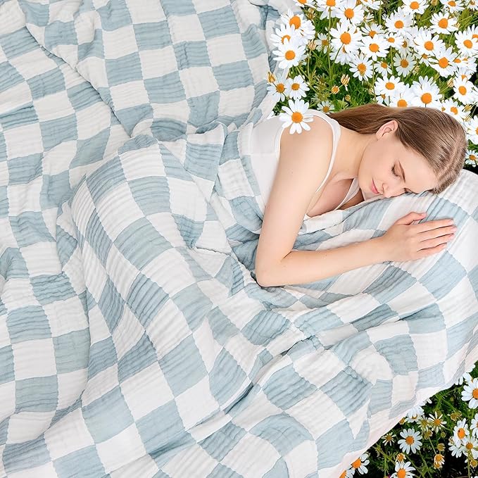 EMME Checkered Cotton Blanket Twin Large 60"x80" 100% Muslin for Couch Breathable Cooling Gauze All Season Soft and Lightweight (Teal)