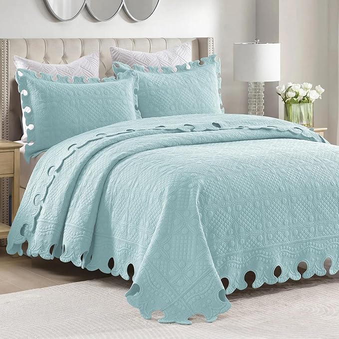 MarCielo 3-Piece 100% Cotton Oversized Bedspread Lightweight Quilt Coverlet Embroidery Farmhouse Bedding Set (TW Mint Green Blue, Oversized Queen (100"x106"))