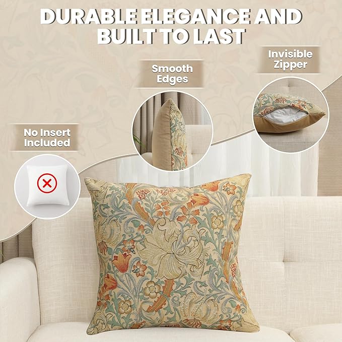 Charlotte Home Furnishings Throw Pillow Covers, Decorative Boho Pillow Cover for Couch, Living Room, Golden Lily Light Square Cushion Cases 18x18 in, European Cotton Jacquard Woven, Cozy Bedroom Decor