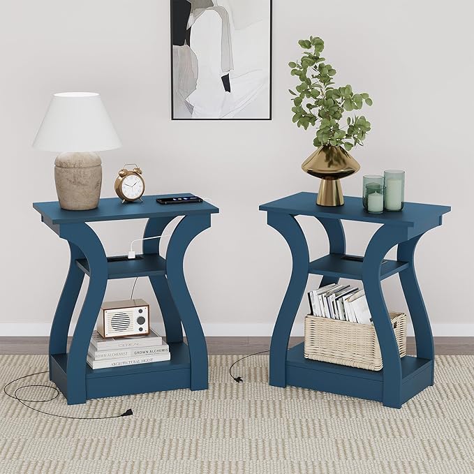 End Tables Living Room, End Table end Table with Charging Station and USB,Navy Blue Side Table, Nightstand for Bedroom,3 Tier End Table with Storage Shelf for Living Room