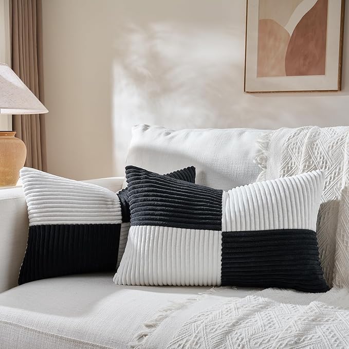 Fancy Homi Set of 2 Black White Lumbar Decorative Throw Pillow Covers 12x20 Inch for Living Room Bedroom Couch Bed Sofa, Soft Striped Corduroy Modern Rectangle Accent Cushion Case 30x50 cm