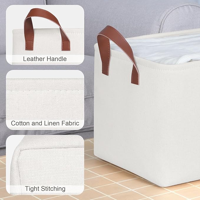 KEEGH Storage Baskets for Organizing, Fabric Storage Bins with Leather Handles, Shelf Baskets for Closet Organization, 15" L x 11" W x 10" H, White, 4 Pack