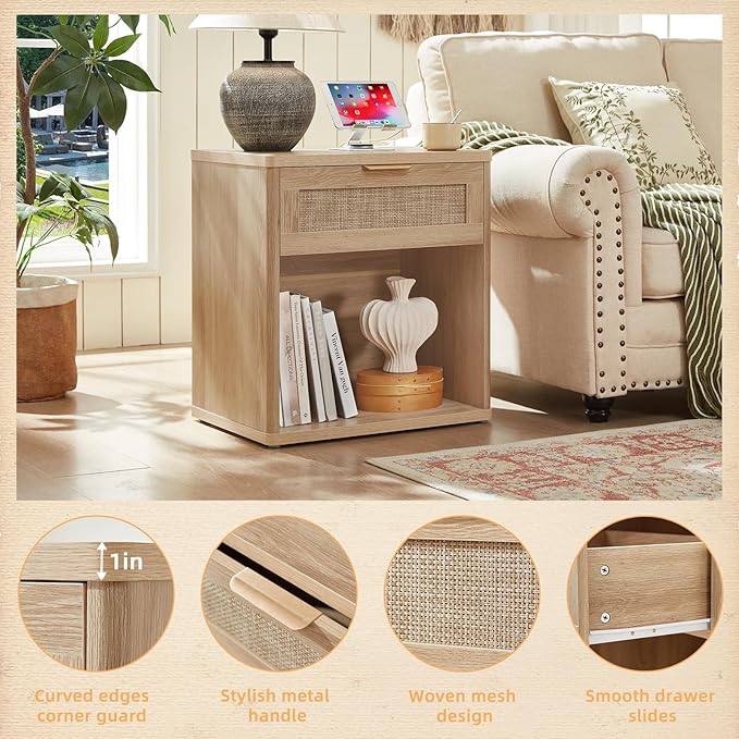 LEYAOYAO Boho Rattan Coffee Table Sets 2 Pieces, Nightstand with Charging Station and Coffee Table with Hidden Storage Compartment, Natural Living Room Table Set, Wood Furniture Sets for Home Office
