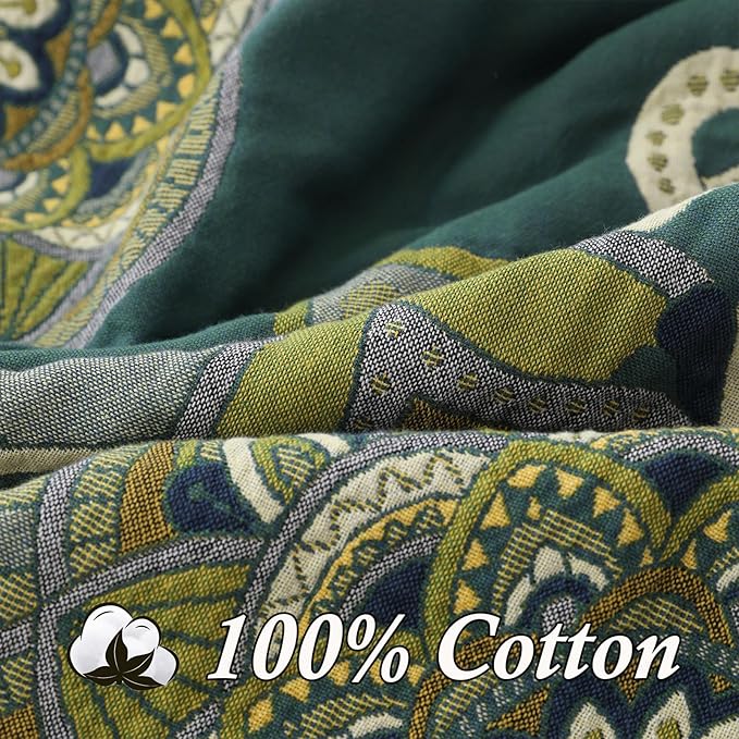 Snycler Boho Throw Blanket for Bed - 100% Cotton Ultra Soft Rustic Quilt - Green Boho Floral Printed Farmhouse Decor Bed Blankets, 60"×80" All Season Rustic Throw for Sofa Couch Chair