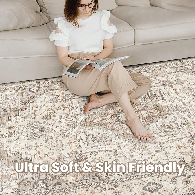 Washable Area Rugs for Living Room - 9x12 Neutral Vintage Distressed Floral Farmhouse Boho Large Soft Floor Rug Indoor Non Slip Carpet for Bedroom Dining Room Office - Brown/Multi