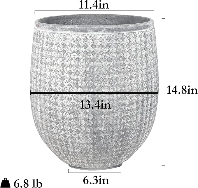 Worth Garden 12" Dia x 15" H Grey Round Planter – Lightweight Magnesium Oxide Cement Plant Pot with Texture – Raised Pattern Concrete Look – Drainage Hole – Indoor & Outdoor Use