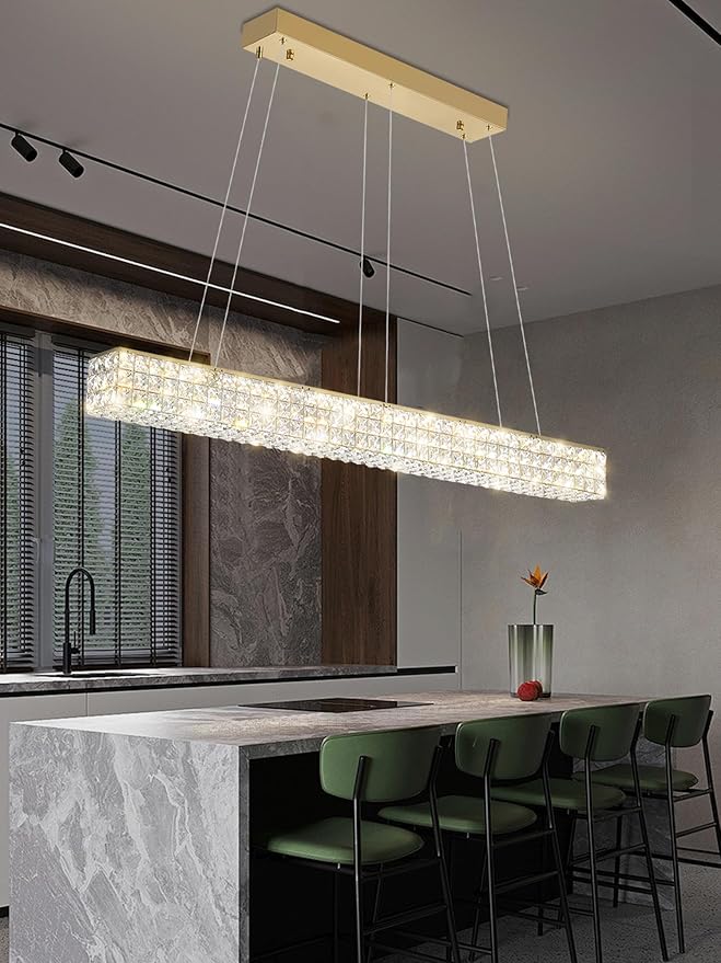 W48 Rectangular Gold Crystal Chandelier Modern Rectangle Pendant Ceiling Light Fixture for Living Room Dining Room Kitchen Island Bar