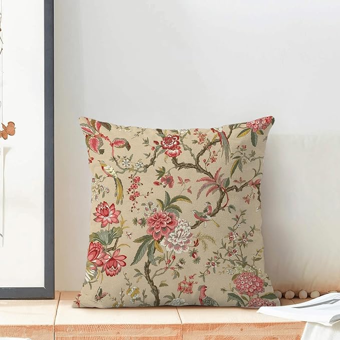 CXMEIFLY Spring Floral Birds Pillow Covers 16 x 16 Inch Set of 2 for Chinoiserie Flowers Decor Throw Pillows Pink Red Plant Outdoor Decorative Cushion Cases for Couch Bed Decorations
