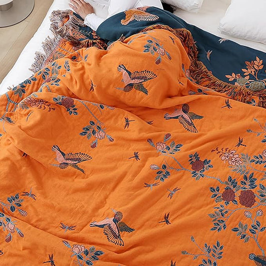 Snycler Boho Throw Blanket for Bed, 100% Organic Cotton Muslin Soft Throw-Floral Bird Farmhouse Rustic Spring Summer Fall Decor Blanket for Couch Sofa Quilt and Gift, 80" x 90" Orange