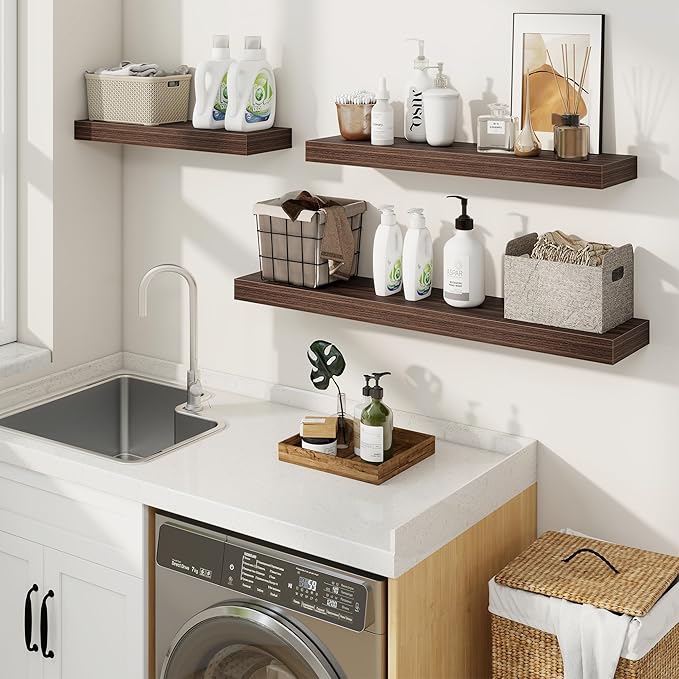 fuqing Floating Shelves for Wall, Bathroom Shelf Wall Mounted for Storage, Shelves with Invisible Bracket for Bedroom, Kitchen, Living Room, Farmhouse Small Book Shelf, 16 Inch Set of 2, Walnut