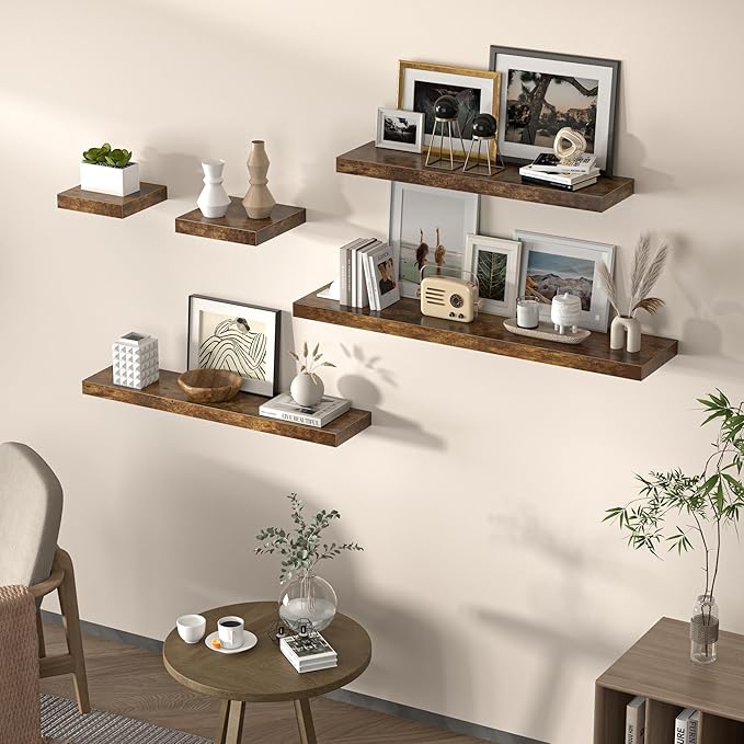 Square Floating Shelves for Wall, 8"W x 8"D x 1.2"H, Small Wooden Wall Mounted Display Shelves with Invisible Brackets for Living Room, Bedroom, Bathroom, Kitchen Decor, Set of 4, Rustic Brown