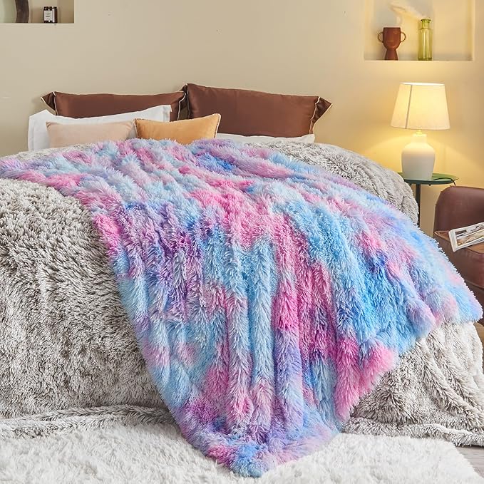 GONAAP Fuzzy Faux Fur Throw Blanket Queen Size Purple Rainbow Super Soft Cozy Plush Fuzzy Shaggy Blanket for Couch Sofa Bed (Purple Rainbow, Queen(90"x90"))