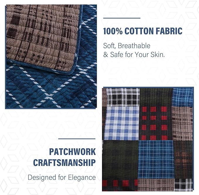 NEWLAKE Quilt Set Queen Size, Cotton Patchwork Blue Black Checkered Patterns Quilt Sets, Reversible Bedspread Lightweight and Breathable for All Seasons, Soft Quilted Bedspread with 2 Pillow Shams