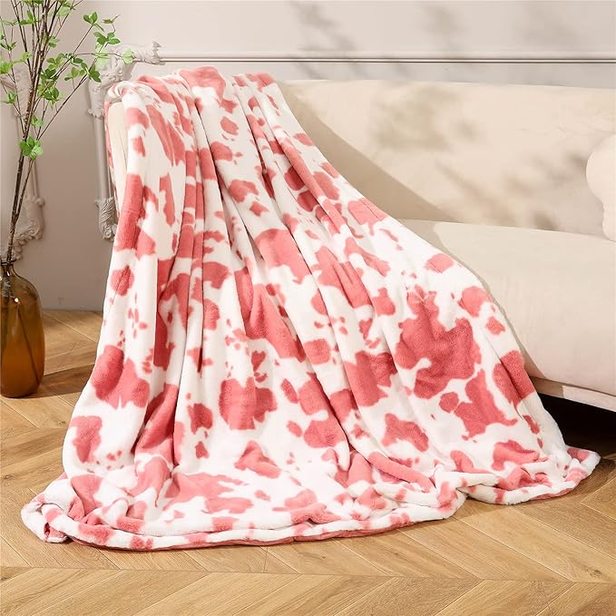 RYNGHIPY Cow Print Throw Blanket: Soft Animal Cow Bed Throws Cute Farm Flannel Fleece Throw Blankets Thick Warm Plush Blankets for Sofa Couch Cow Decor Throws (Pink, 63''x79'')