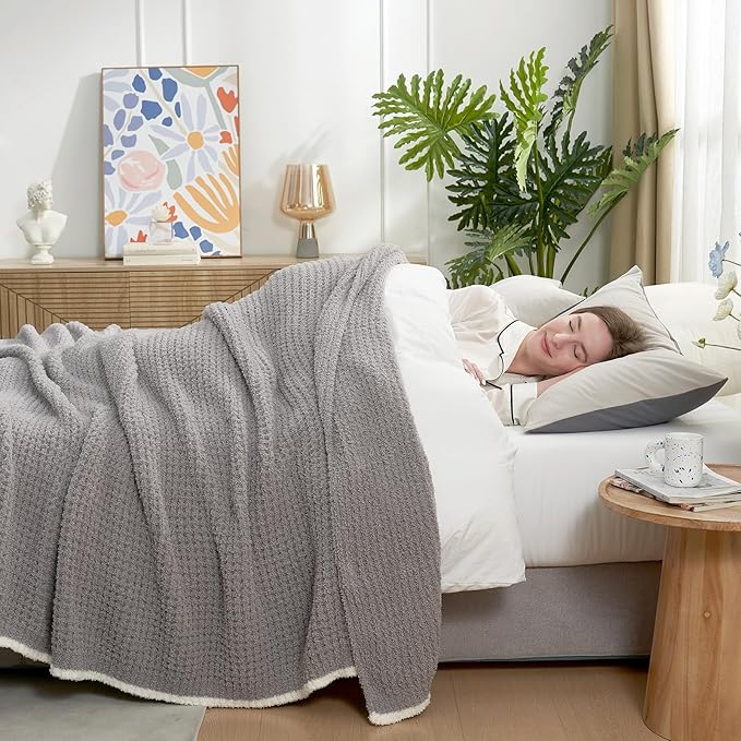 Snuggle Sac Soft Waffle Blanket, Grey Bedding Blankets Queen Size 90x90 inches, Reversible Microfiber Fluffy Fuzzy Grey Blanket Cozy Knit Blanket for Women Mothers Birthday Gifts