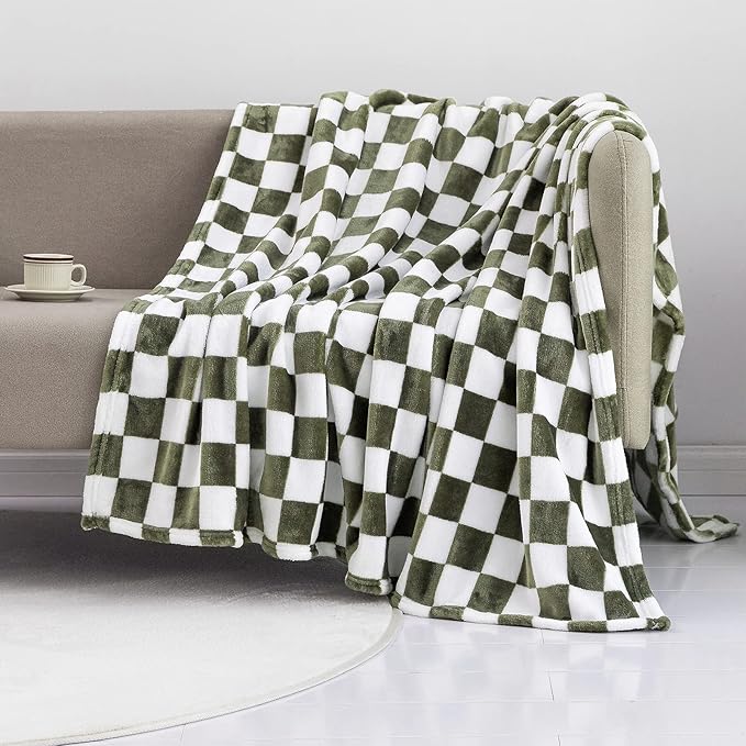 LOMAO Throw Blankets Flannel Blanket with Checkerboard Grid Pattern Soft Throw Blanket for Couch, Bed, Sofa Luxurious Warm and Cozy for All Seasons (Dark Olive, 50"x60")