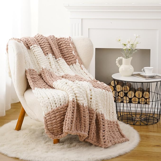 Battilo Chunky Knit Throw Blanket, Soft and Thick Chenille Throw Blanket, 50"x60" Handmade Cable Knit Crochet Blanket, Large Rope Knot Throw Blankets for Couch Sofa Bed Home Decor, Blush & White