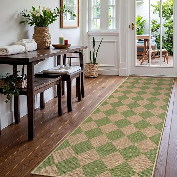 Lahome Checkered Green Runner Rug, 2x8 Carpet Runners for Hallway 8ft Non Slip Entryway Rug, Farmhouse Checkerboard Non Shedding Kitchen Mats for Floor Laundry Corridor