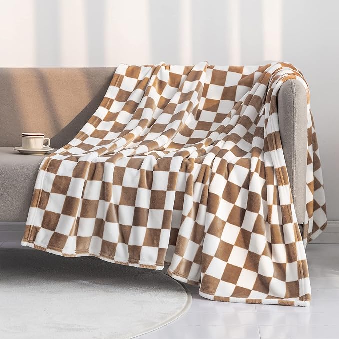 LOMAO Throw Blankets Flannel Blanket with Checkerboard Grid Pattern Soft Throw Blanket for Couch, Bed, Sofa Luxurious Warm and Cozy for All Seasons (Khaki, 60"x80")