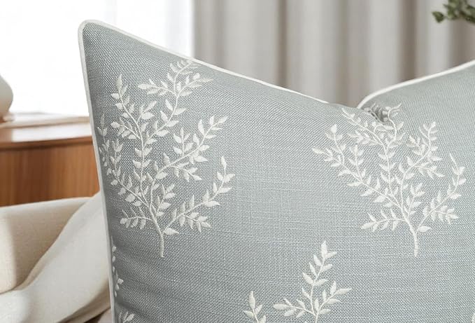 VAGMINE Embroidered Leaves Throw Pillow Cover - 18x18 Inches Square - 100% Cotton Robins Egg Decorative Cushion Cover - Coastal Inspired Leaf Stitch - Stylish Home Accent for Sofa, Couch, Bedroom