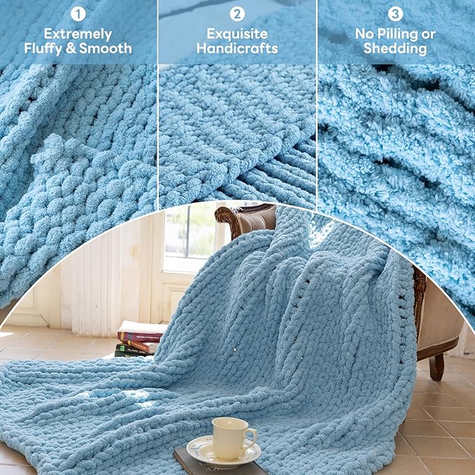 Chunky Knit Blanket - Luxury Soft Cozy 50 * 60 Throw Blanket,100% Woven Blanket Rope Knot Throw Blanket for Couch, Sofa, Home Decor, Gift - Machine Washable（Light Blue）