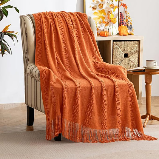 MIULEE Burnt Orange Knitted Throw Blanket for Couch Boho Textured Cozy Woven Blanket with Tassels for Sofa Chair Bed Living Room Fall Home Decor Farmhouse Acrylic Wave Pattern 50"x60"